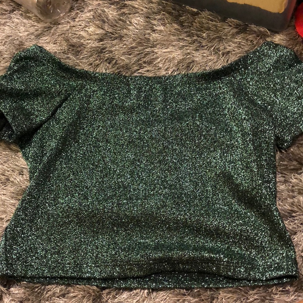 F21 off shoulder crop blue green glitter top